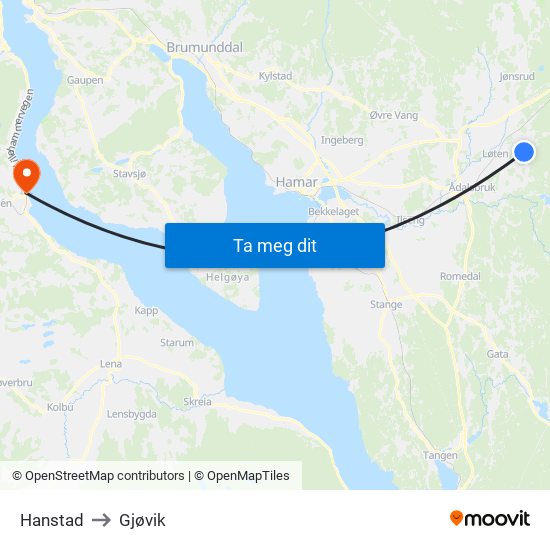 Hanstad to Gjøvik map