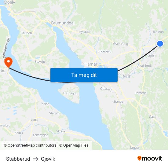 Stabberud to Gjøvik map