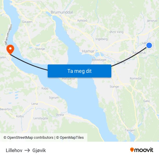 Lillehov to Gjøvik map