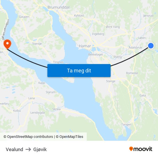 Vealund to Gjøvik map