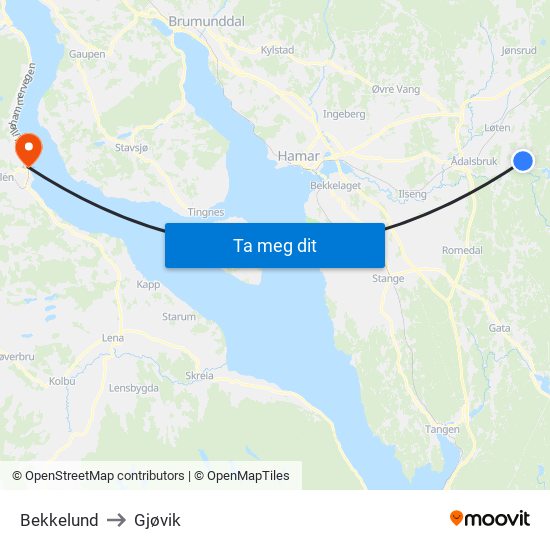 Bekkelund to Gjøvik map
