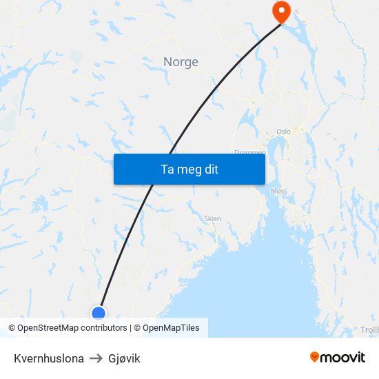 Kvernhuslona to Gjøvik map