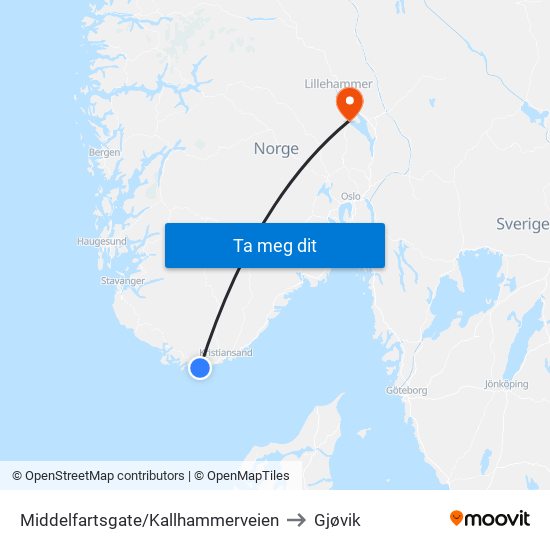 Middelfartsgate/Kallhammerveien to Gjøvik map