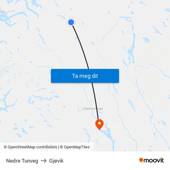 Nedre Tunveg to Gjøvik map