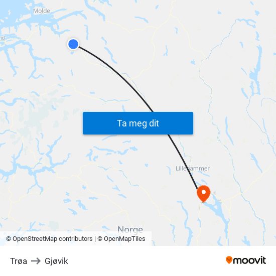 Trøa to Gjøvik map