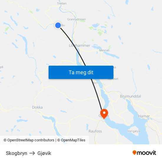 Skogbryn to Gjøvik map