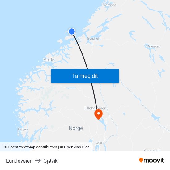 Lundeveien to Gjøvik map