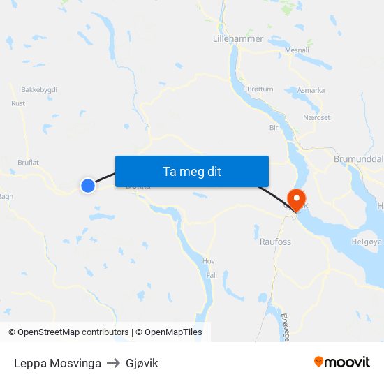 Leppa Mosvinga to Gjøvik map