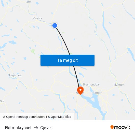 Flatmokrysset to Gjøvik map