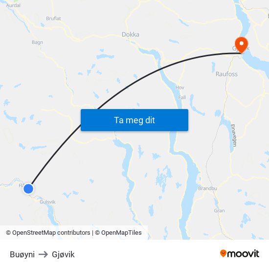 Buøyni to Gjøvik map