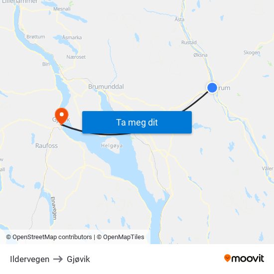 Ildervegen to Gjøvik map