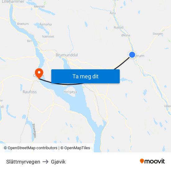 Slåttmyrvegen to Gjøvik map