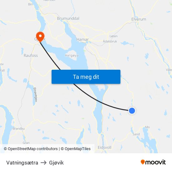 Vatningsætra to Gjøvik map