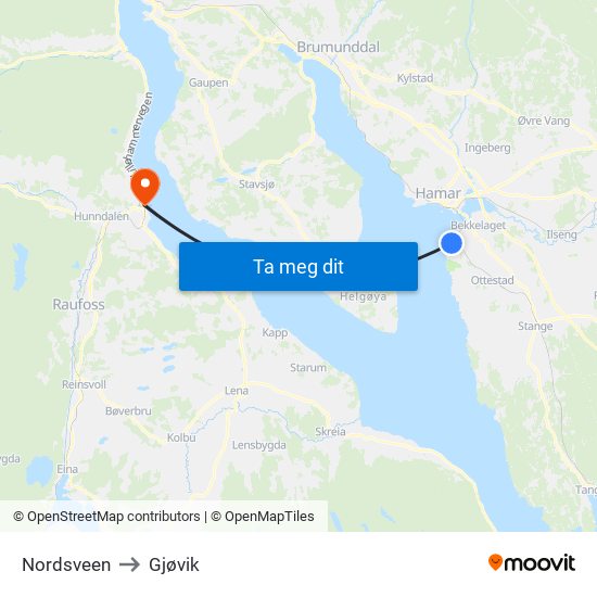 Nordsveen to Gjøvik map