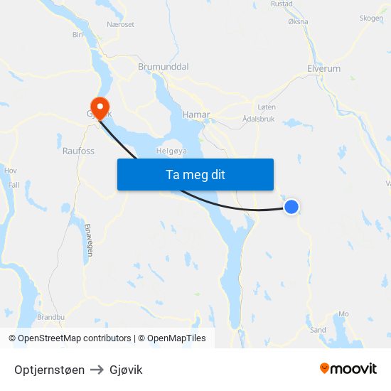 Optjernstøen to Gjøvik map