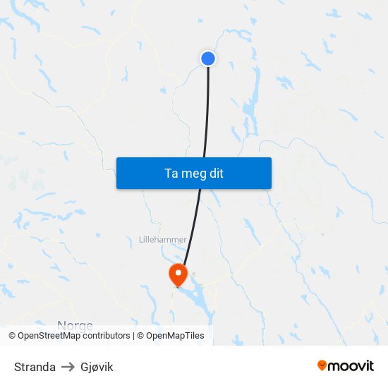 Stranda to Gjøvik map