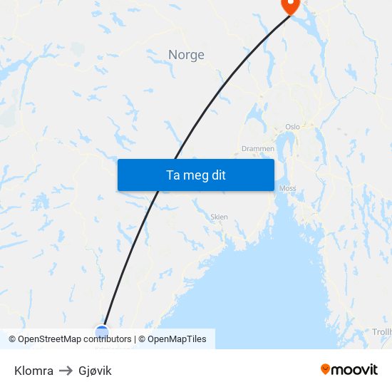 Klomra to Gjøvik map