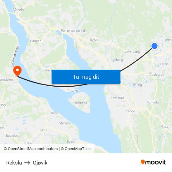 Reksla to Gjøvik map