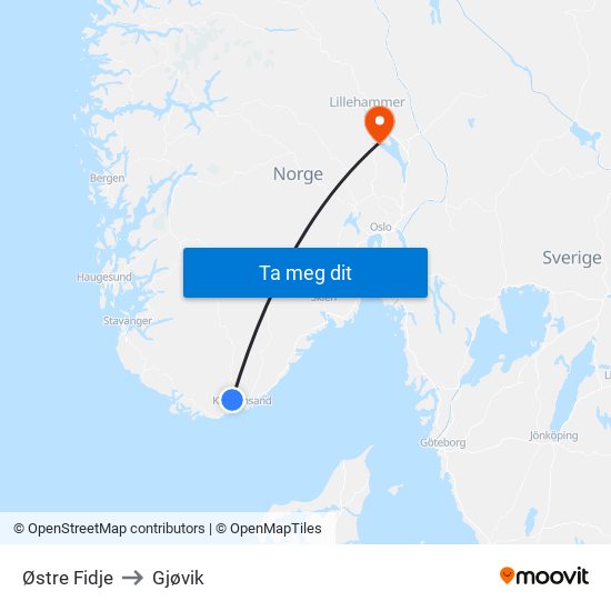 Østre Fidje to Gjøvik map
