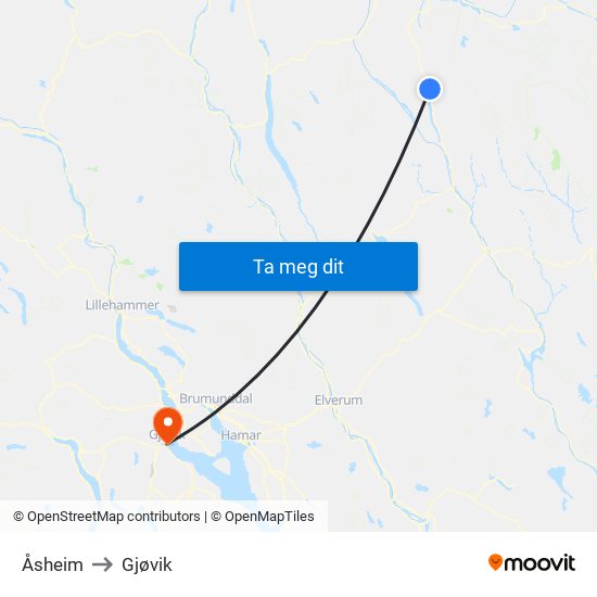 Åsheim to Gjøvik map