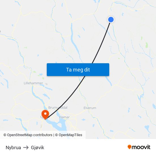 Nybrua to Gjøvik map