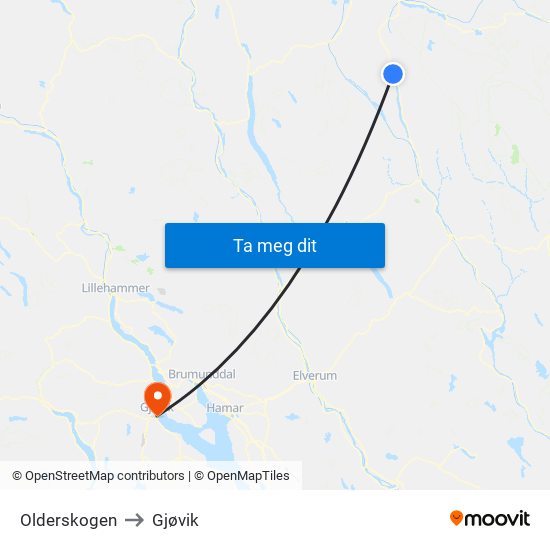 Olderskogen to Gjøvik map