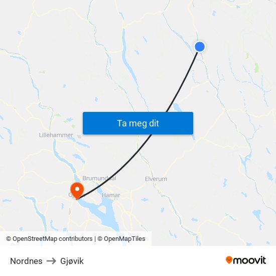 Nordnes to Gjøvik map