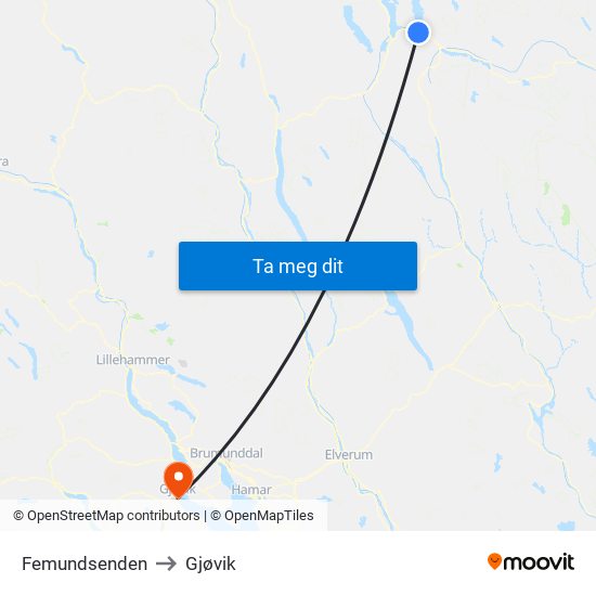 Femundsenden to Gjøvik map
