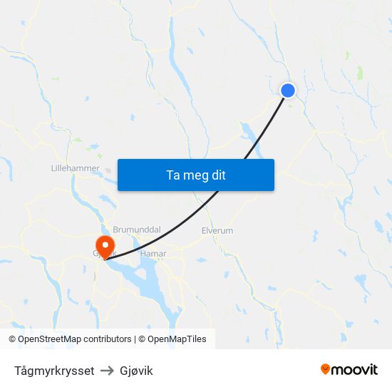 Tågmyrkrysset to Gjøvik map