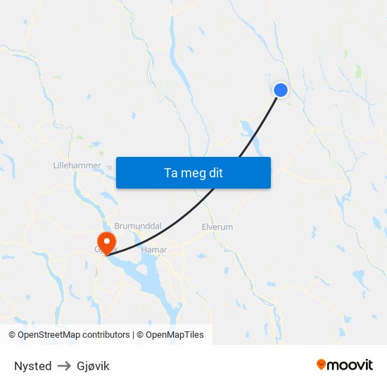 Nysted to Gjøvik map
