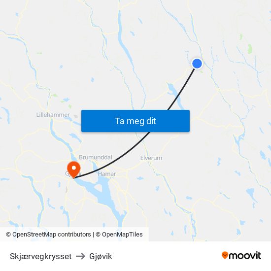 Skjærvegkrysset to Gjøvik map