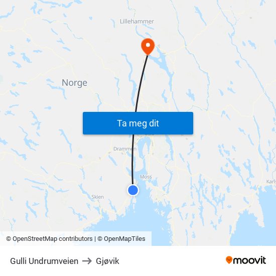 Gulli Undrumveien to Gjøvik map