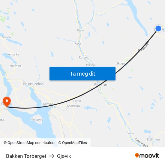 Bakken Tørberget to Gjøvik map