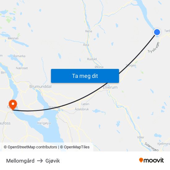 Mellomgård to Gjøvik map
