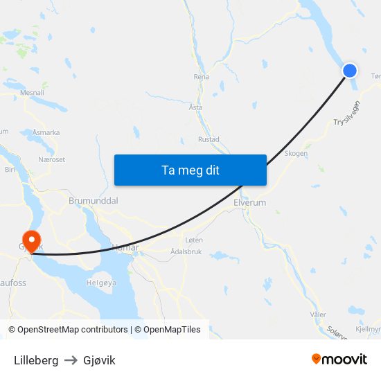 Lilleberg to Gjøvik map