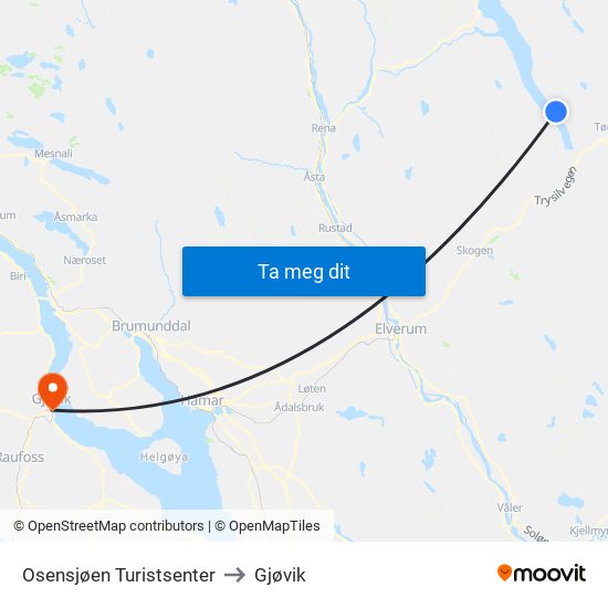 Osensjøen Turistsenter to Gjøvik map