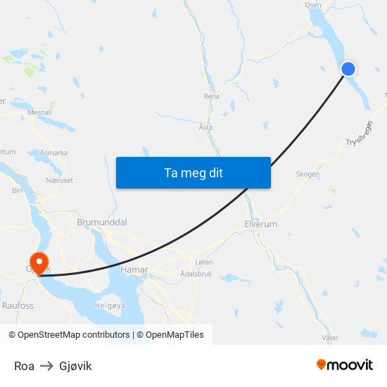 Roa to Gjøvik map