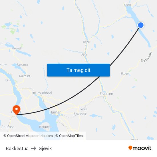 Bakkestua to Gjøvik map