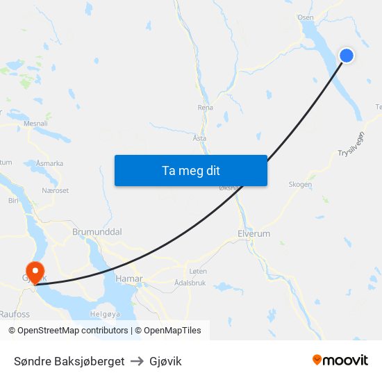 Søndre Baksjøberget to Gjøvik map