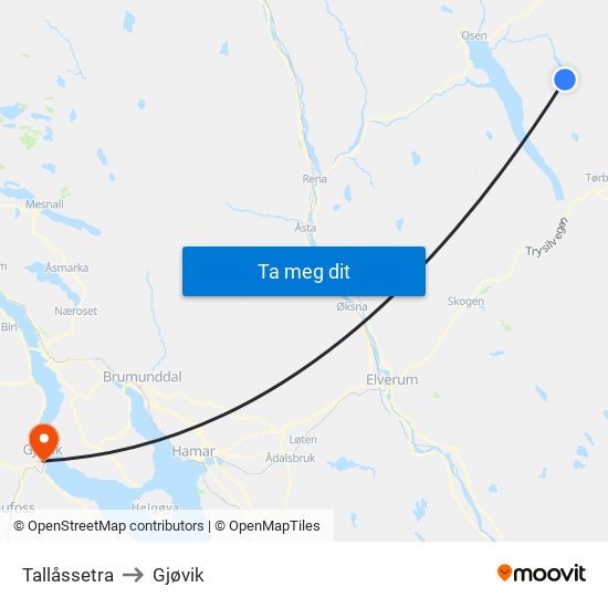 Tallåssetra to Gjøvik map