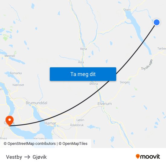 Vestby to Gjøvik map