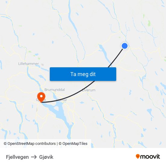 Fjellvegen to Gjøvik map