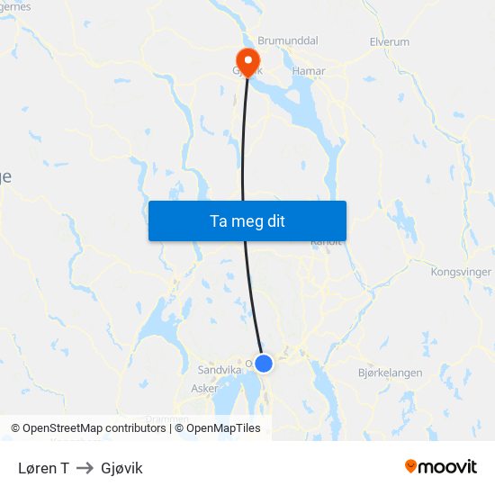Løren T to Gjøvik map