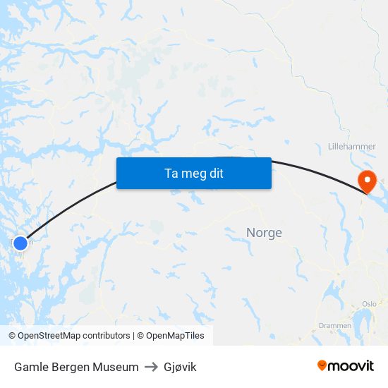Gamle Bergen Museum to Gjøvik map
