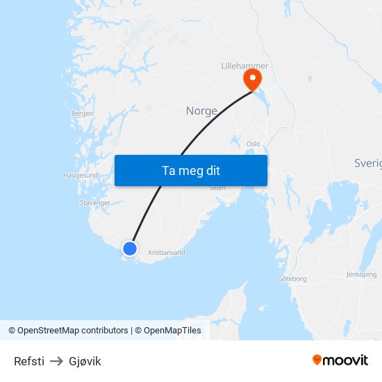 Refsti to Gjøvik map