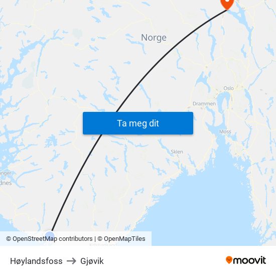 Høylandsfoss to Gjøvik map