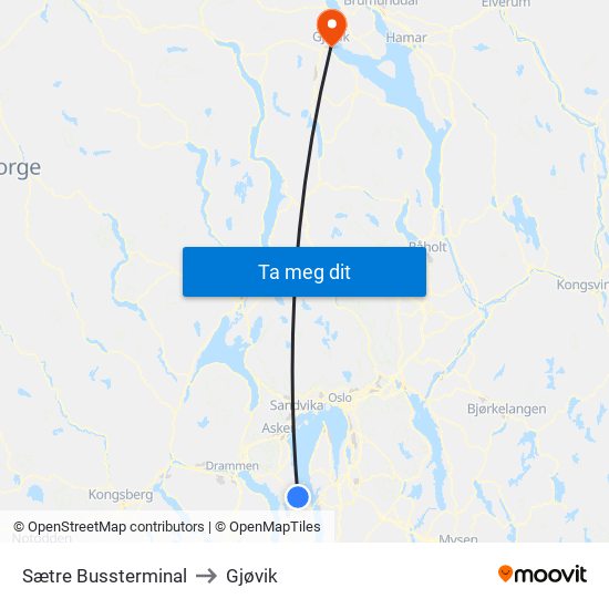 Sætre Bussterminal to Gjøvik map