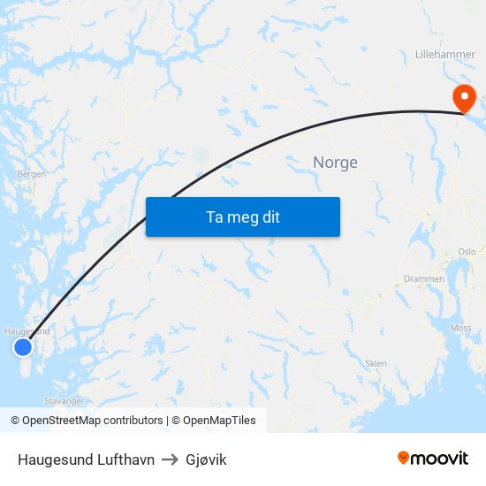 Haugesund Lufthavn to Gjøvik map