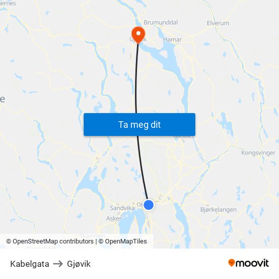 Kabelgata to Gjøvik map