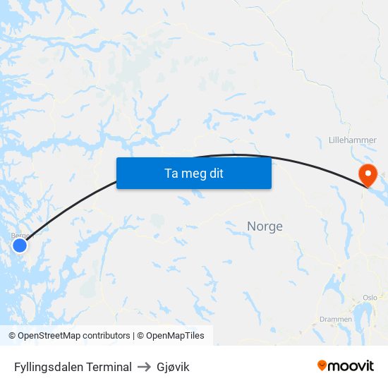 Fyllingsdalen Terminal to Gjøvik map